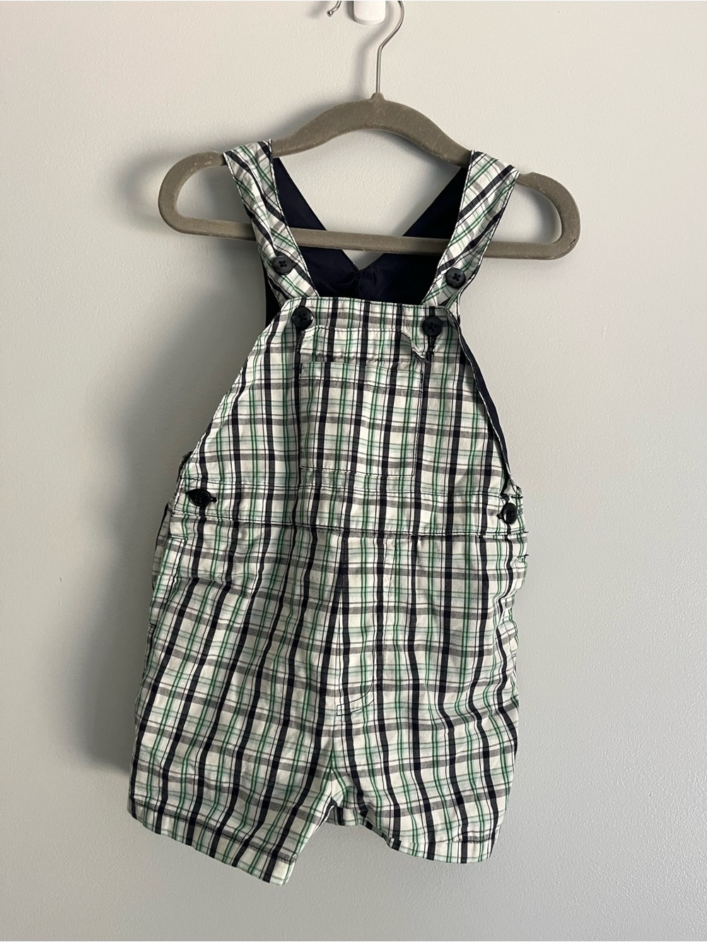 GAP Green, White & Navy Plaid Baby Overalls
